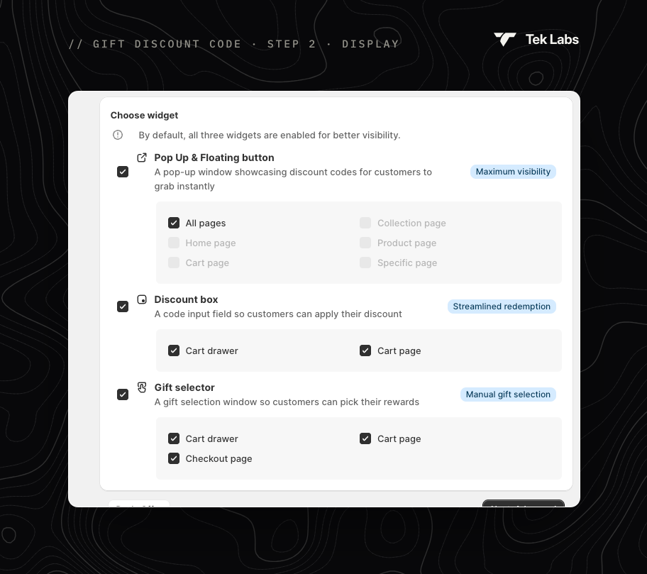 Choose widget for Gift discount code