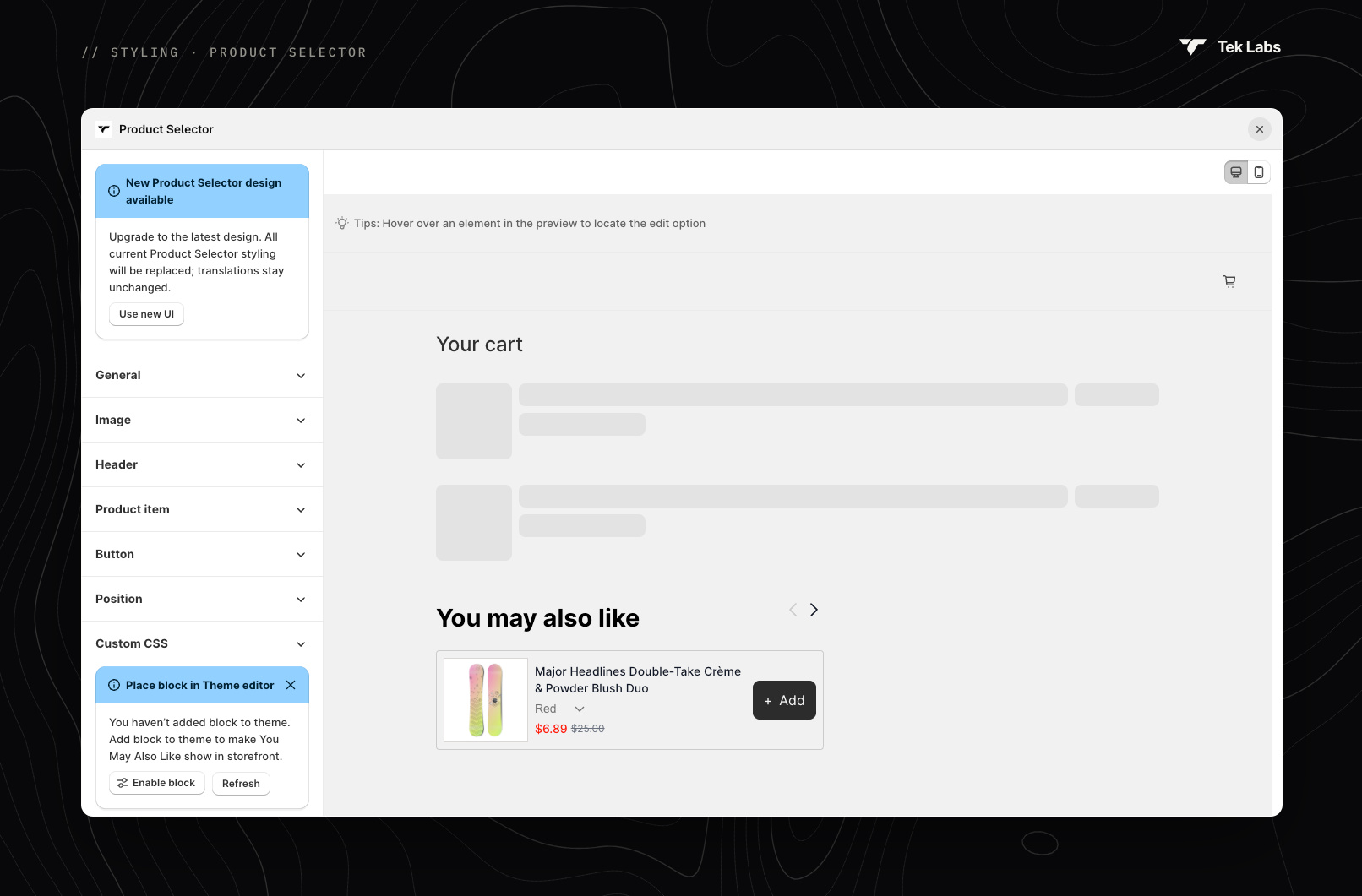 Product Selector style editor