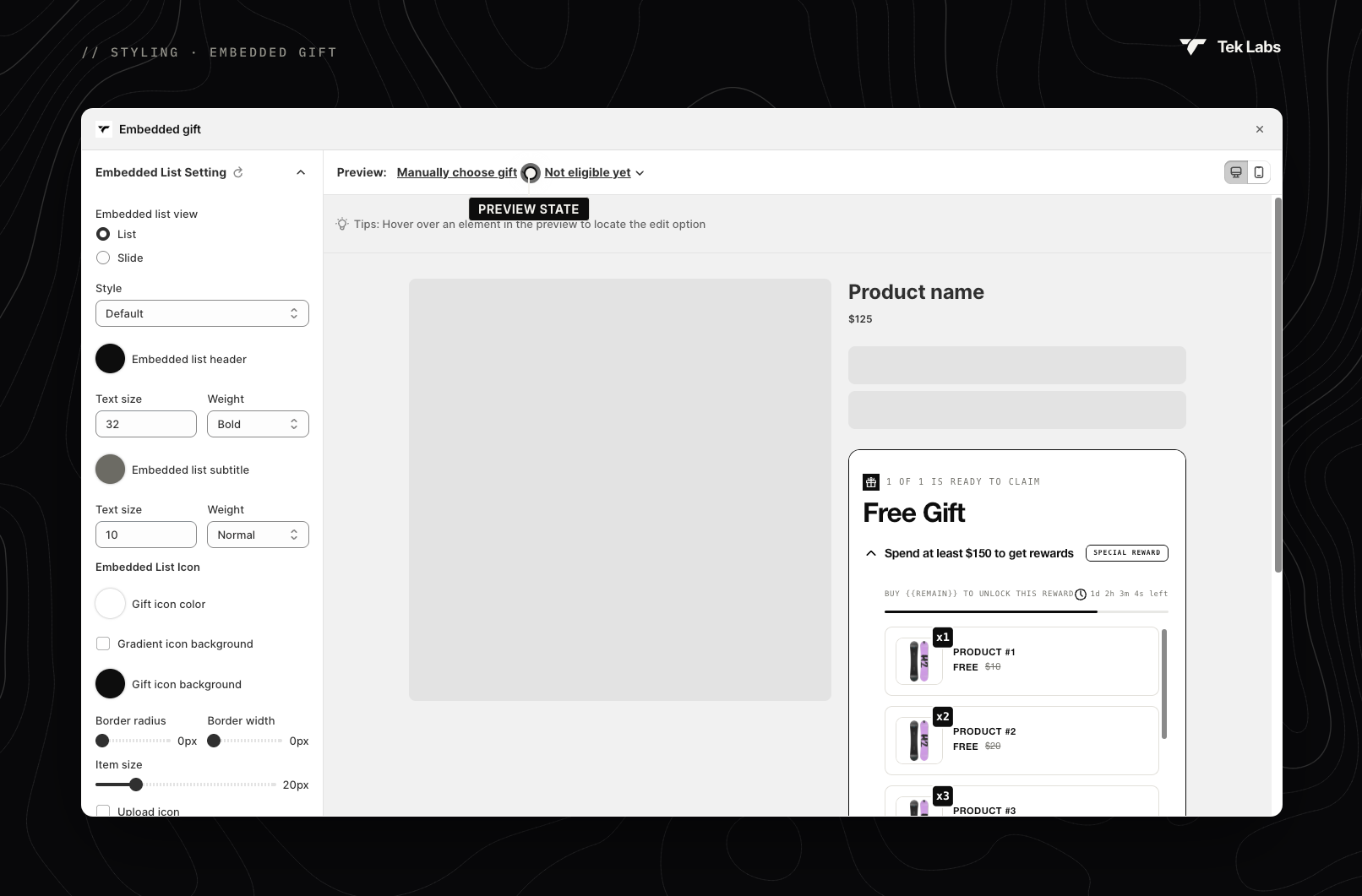 Embedded gift style editor
