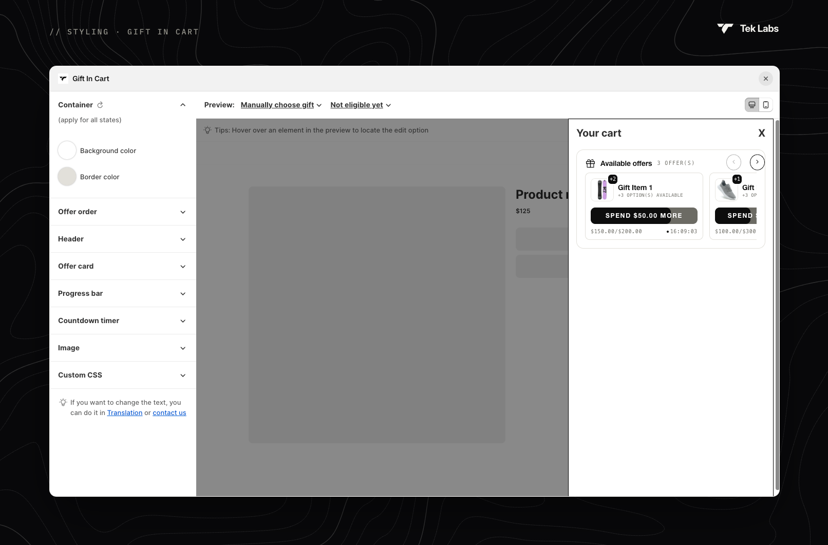 Gift In Cart style editor